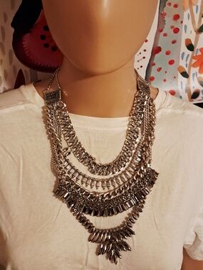 Napier Multi-Layer Hematite Colored Gem Silver Tone Statement Necklace